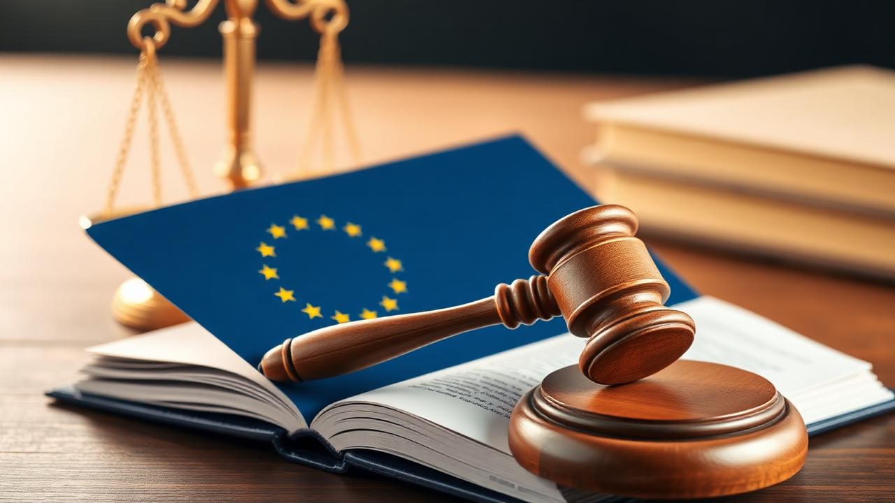 Drewniany młotek sędziowski na otwartej księdze prawa Unii Europejskiej z flagą UE i wagą sprawiedliwości – symbol orzecznictwa TSUE w sprawach kredytów konsumenckich
